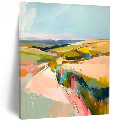 Large contemporary abstract painting featuring a pastel palette of pinks greens and yellows capturing the beauty of Welsh rolling hills and blue skies. DLZ1003
