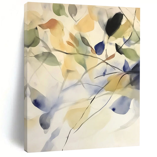 Large contemporary abstract watercolor painting featuring soft colors and gestural leaves swaying in the wind with a pale palette and subtle purple accents. DLZ1727