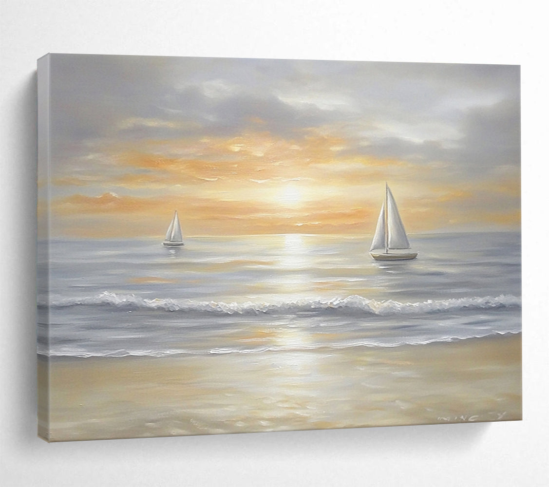 “Sailboats at Dusk” - Neutrals, Oranges, Yellows, Sailboats on Calm Sea at Sunset - Oil Painting HB1757