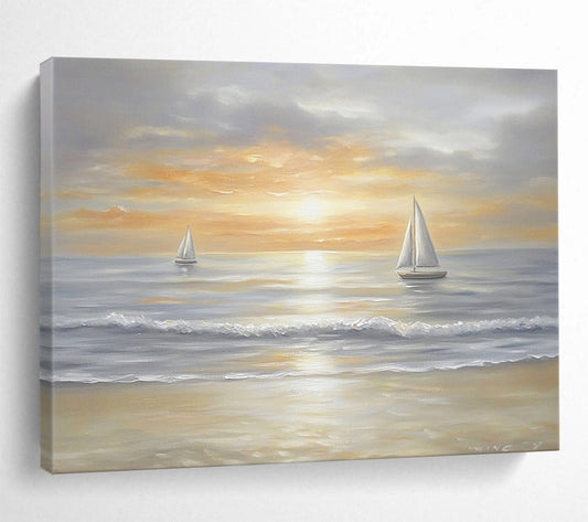 “Sailboats at Dusk” - Neutrals, Oranges, Yellows, Sailboats on Calm Sea at Sunset - Oil Painting HB1757