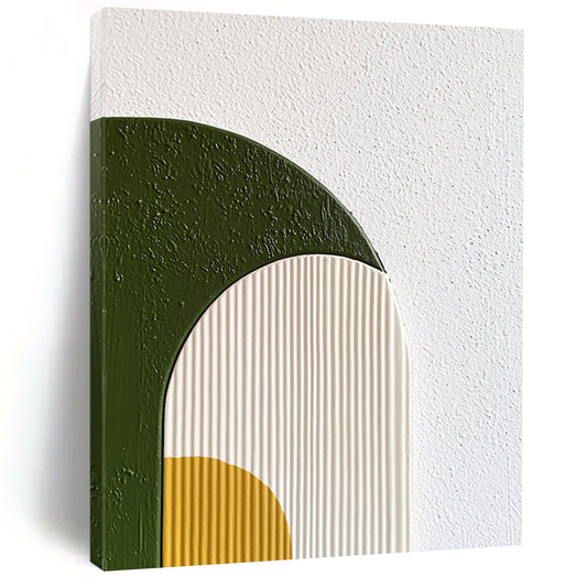 Contemporary hand-painted abstract wall art features organic shapes in green and yellow on a textured background with soft gradients and minimalist design. DLZ1235