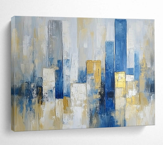 “Minimalist City Abstraction” - Blue, Gray, Gold, Abstract Cityscape HB1137