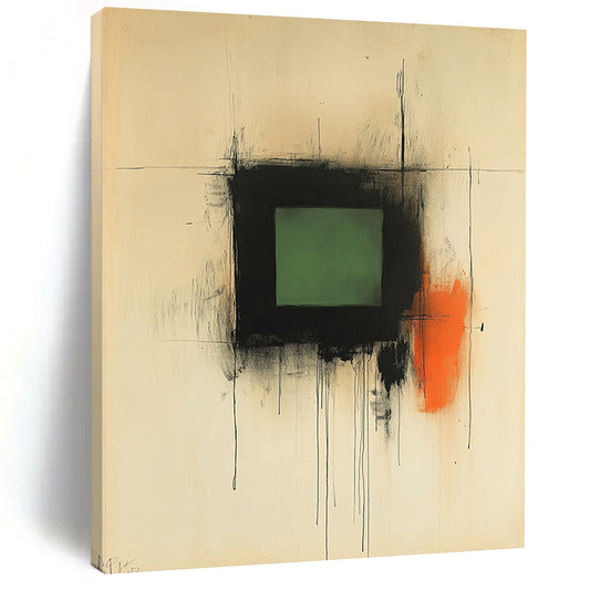 Contemporary abstract artwork features soft black ink lines with a central green square and warm strokes of brown and orange evoking serenity and contemplation. DLZ1465