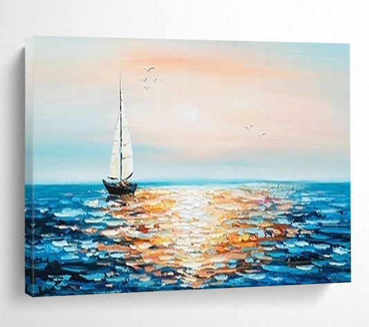 Sunset Sailboat Sea Oil Painting - Coastal Dining Room or Bedroom Art DLZ188