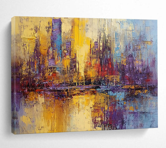 “Colorful City Reflection” - Yellow, Purple, Blue, Abstract Cityscape Reflection Painting On Canvas HB0986