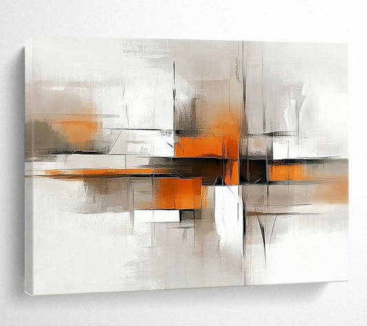 “Geometric Abstract in Gray and Orange” - Gray, orange, white, black; Geometric abstract with lines and blocks; Acrylic Painting On Canvas HB1219