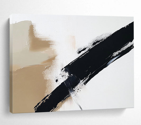 “Beige - Black Diagonal Brushstroke” - Beige, Black, Dynamic Stroke Painting On Canvas HB0802