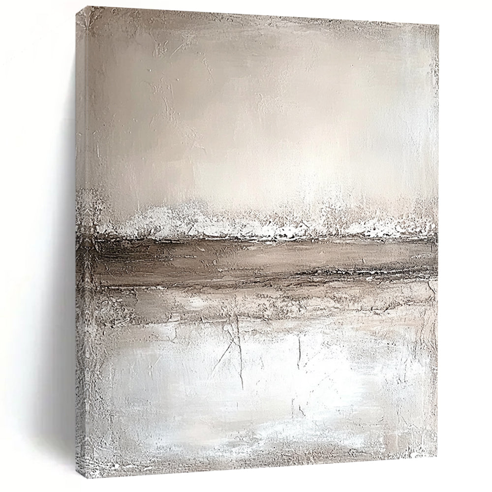 Abstract painting featuring neutral tones in faded beige and white with horizontal lines and a textured background on a large canvas in minimalist style. DLZ0559