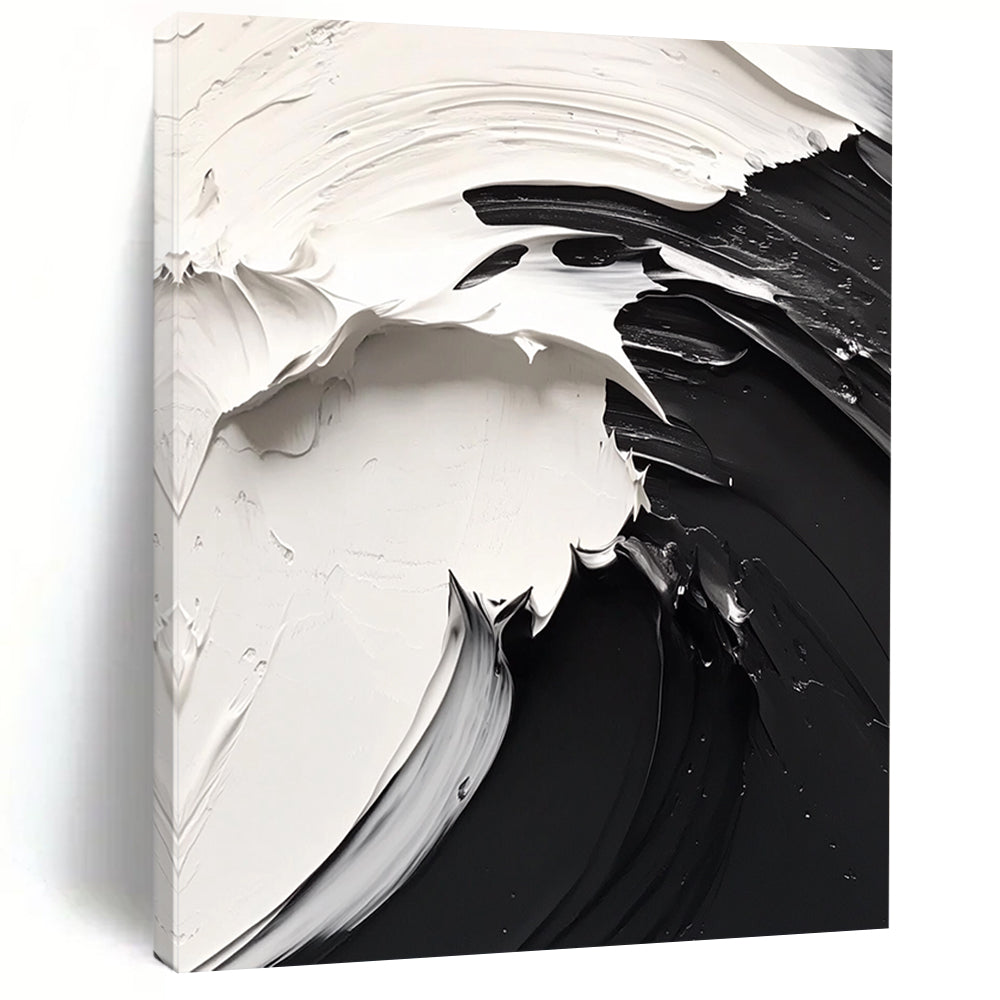 Contemporary hand-painted abstract art features dynamic flowing lines, high contrast black and white on a white background, evoking a mysterious atmosphere. DLZ1732