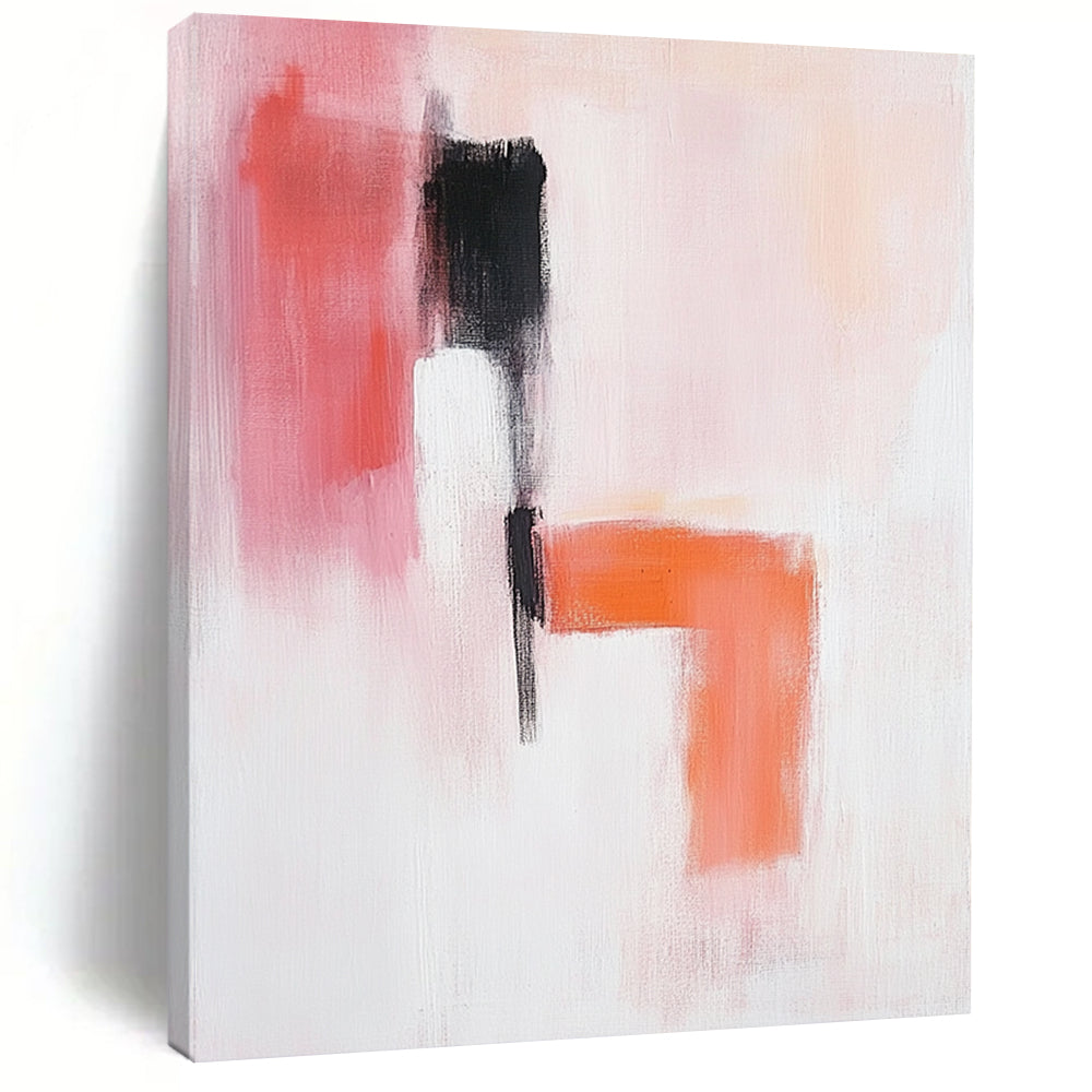 Contemporary abstract painting in soft pink orange and white with a serene figure black shoes and textured elements creating a minimalistic calm composition. DLZ0918
