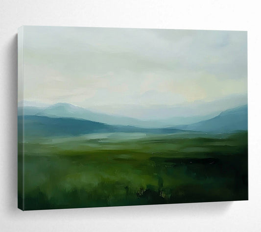 “Misty Green Valley” - Greens, Blues, Greys, Valley Landscape - Impressionist Oil Painting HB1576