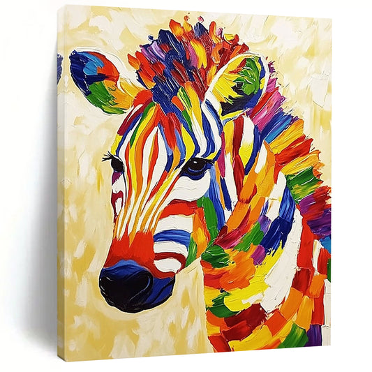 Vibrant contemporary abstract painting featuring a textured zebra on a beige background radiating cheerful energy and bold colors. DLZ1401