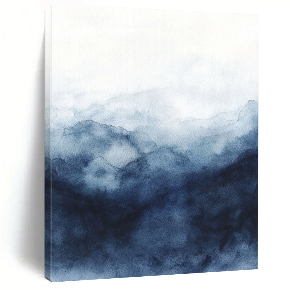 Contemporary abstract watercolor art featuring a stormy sky in dark blue and gray hues on a white background, evoking depth and mystery. DLZ0812
