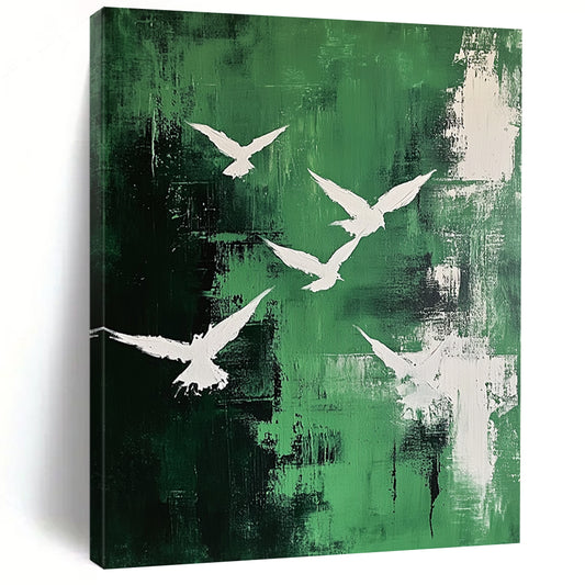 Contemporary abstract painting featuring white birds in an emerald sky with dynamic brushstrokes and textured expressions on canvas. DLZ0669