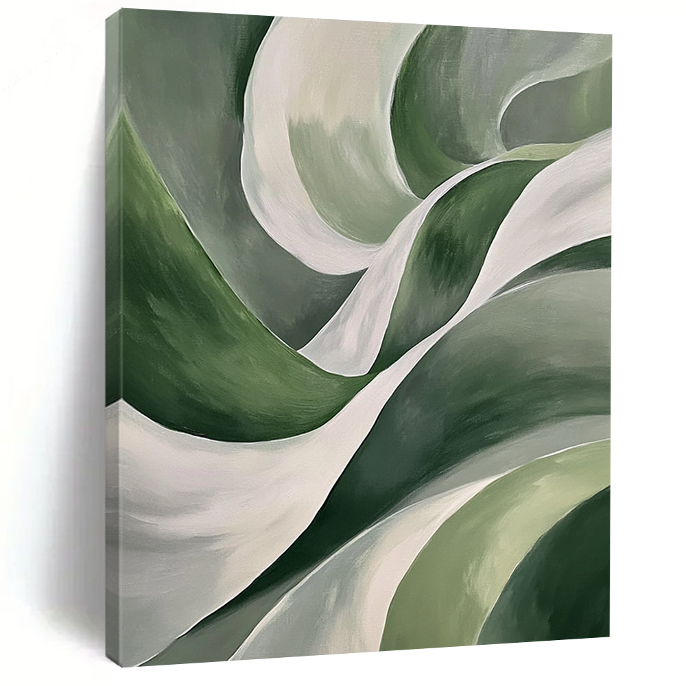 Contemporary hand-painted abstract art features smooth green leaf-like curves and white waves on a dark gray background, creating a striking visual impact. DLZ1209