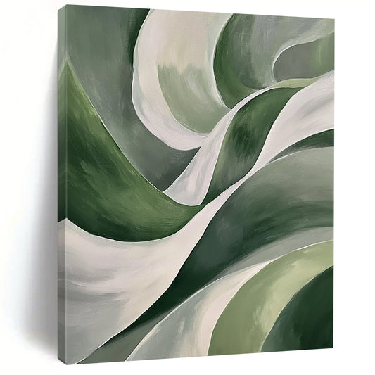 Contemporary hand-painted abstract art features smooth green leaf-like curves and white waves on a dark gray background, creating a striking visual impact. DLZ1209