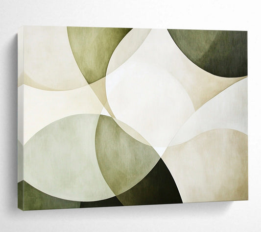 “Green - Beige Overlapping Circles” - Green, Beige, White with Circular Layers - Abstract Acrylic HB1361