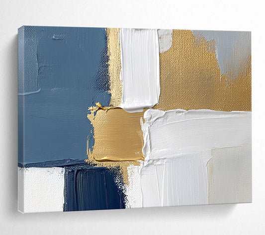 Blue, White, and Gold Geometric Abstract - Modernist Painting On Canvas HB0501