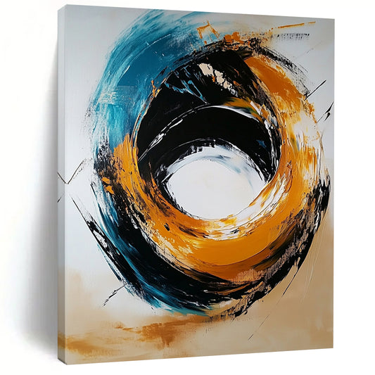 Contemporary hand-painted abstract artwork featuring a black and gold color scheme with a light orange circle and navy blue turquoise swirls against a white background. DLZ0446