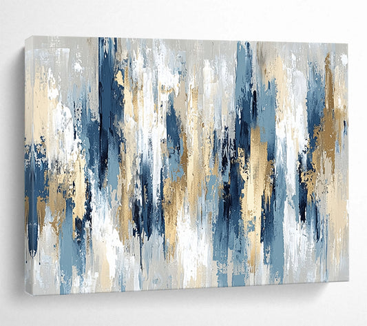“Elegant Blue, Gray, and Gold Vertical Strokes” - Blue, gray, gold; Abstract vertical strokes with gold accents; Acrylic Painting On Canvas HB1231