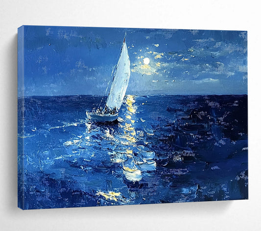 “Moonlit Sailboat” - Deep Blue, White, Yellow, Sailboat on Moonlit Sea - Impasto Oil Painting HB1696