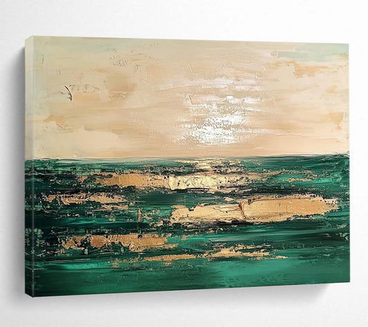 “Coastal Abstract with Gold” - Green, Gold, Coastal Landscape Painting On Canvas HB0888