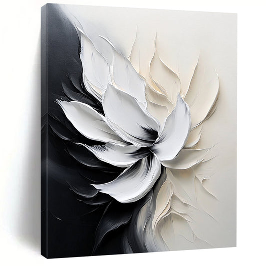 Contemporary abstract flower painting with smooth brushstrokes and monochrome palette evokes tranquility and elegance through delicate petal details and soft lighting. DLZ0828