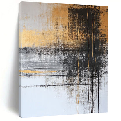 Contemporary abstract painting with gold and gray tones features black ink lines and serene water imagery, adorned with delicate plant figures for a tranquil feel. DLZ1273