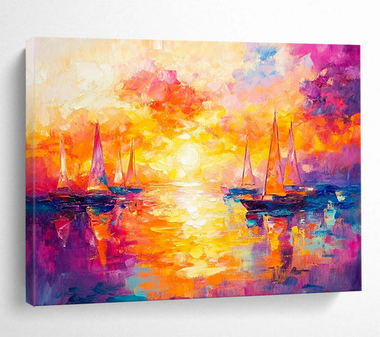 “Sailboats in Fiery Sunset” - Orange, Pink, Purple, Sailboats on Water, Impressionist - style Painting On Canvas HB1098