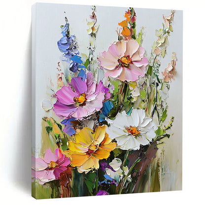 Vibrant contemporary hand-painted abstract art featuring a textured bouquet of flowers with rich colors against a clean white background. DLZ1674