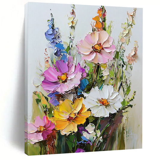 Vibrant contemporary hand-painted abstract art featuring a textured bouquet of flowers with rich colors against a clean white background. DLZ1674