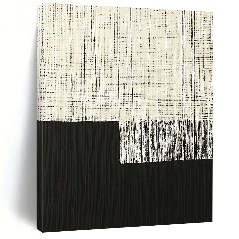 Contemporary hand-painted abstract art featuring minimalist black and white vertical lines on a dark background with a floating cloth element. DLZ1605