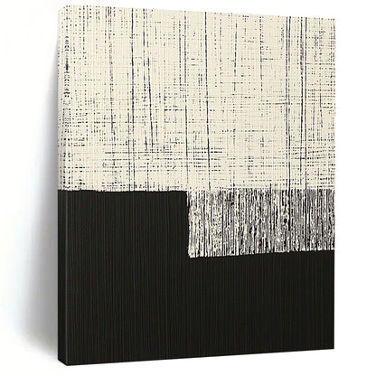 Contemporary hand-painted abstract art featuring minimalist black and white vertical lines on a dark background with a floating cloth element. DLZ1605