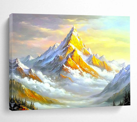 “Sunlit Golden Mountain” - Gold, White, Blue, Colorful Mountain Scene - Oil Painting HB1649