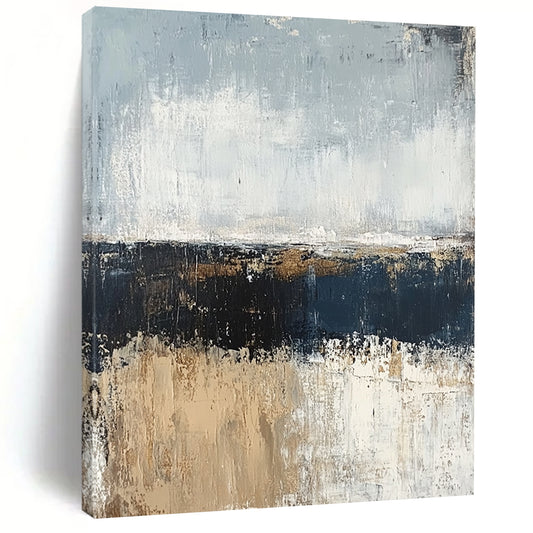 Contemporary hand-painted abstract artwork featuring a serene ocean shore in muted gray and blue tones with a neutral palette of beige and brown in oil paint. DLZ0955