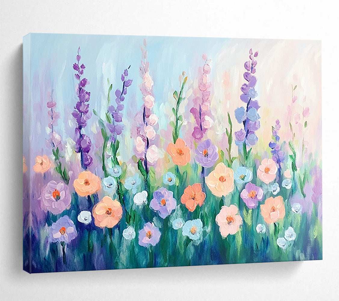“Pastel Flower Meadow” - Soft lavender, peach, blue flowers, Impressionist Floral Painting On Canvas HB0580