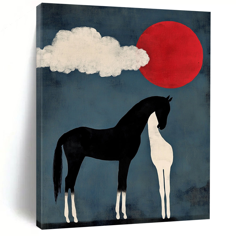Contemporary abstract art featuring a black horse with white legs and tail beside a cloud shaped like two heads with a red sun setting in a blue sky. DLZ1147