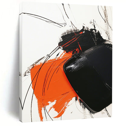 Contemporary abstract artwork features bold black and orange strokes on white, complemented by minimalistic line drawings for striking contrast. DLZ1537