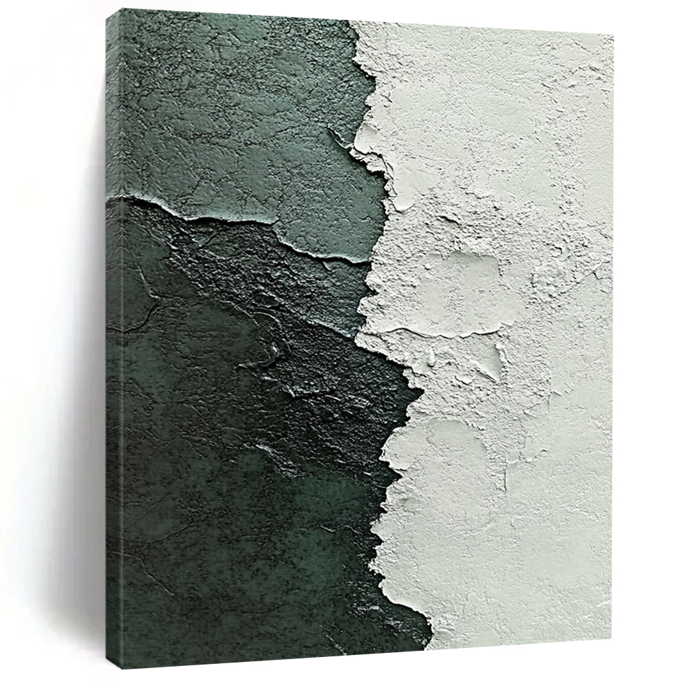 Contemporary abstract painting highlights textured contrast of white plaster and dark green paint with intricate brushstrokes in gray and blue tones. DLZ1213