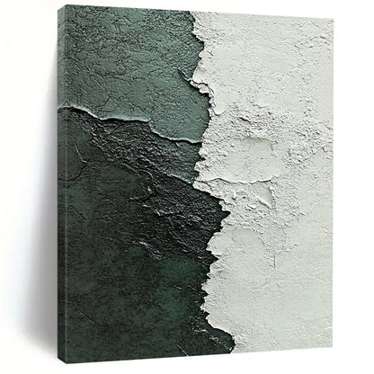 Contemporary abstract painting highlights textured contrast of white plaster and dark green paint with intricate brushstrokes in gray and blue tones. DLZ1213