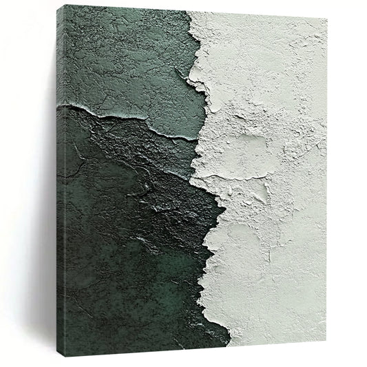 Contemporary abstract painting highlights textured contrast of white plaster and dark green paint with intricate brushstrokes in gray and blue tones. DLZ1213