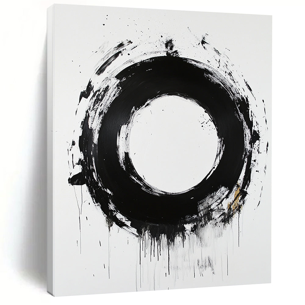 White, Black and Gold Abstract Circle "Expressive Enso" Painting On Canvas HB368