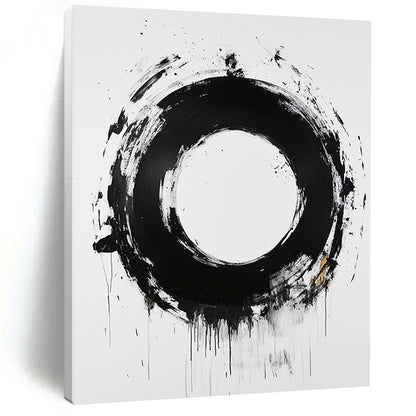 White, Black and Gold Abstract Circle "Expressive Enso" Painting On Canvas HB368