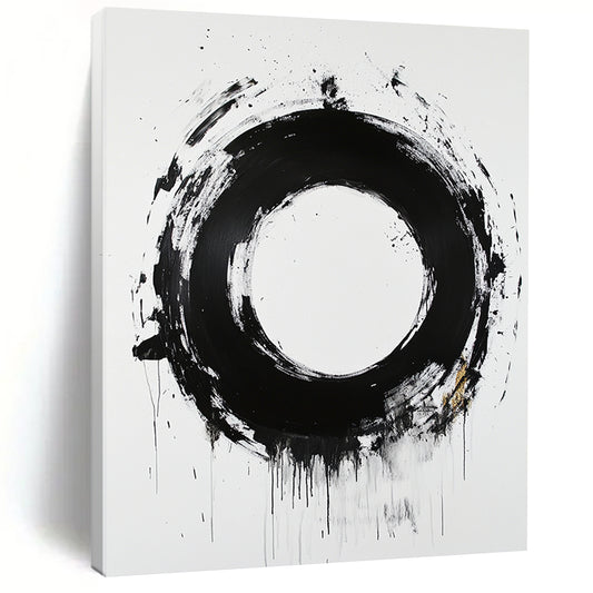 White, Black and Gold Abstract Circle "Expressive Enso" Painting On Canvas HB368