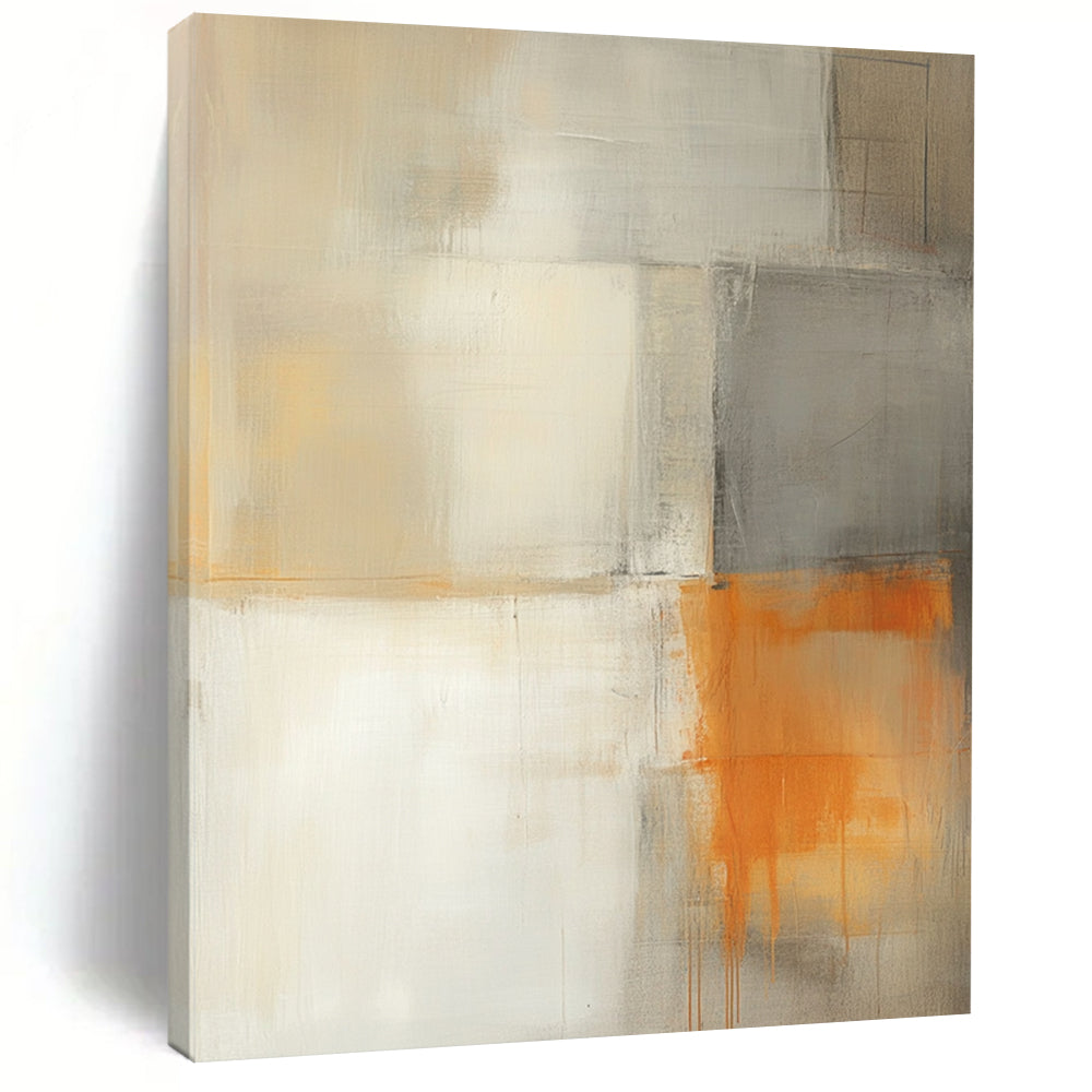 Contemporary hand-painted abstract artwork featuring light gray white and orange hues with a minimalistic building and soft shadows for a tranquil atmosphere. DLZ0986