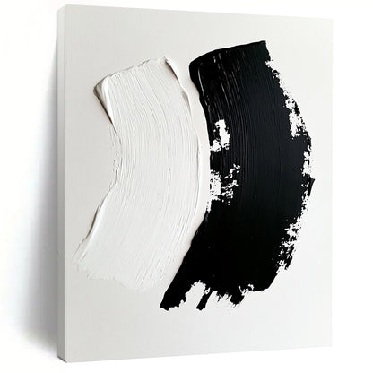 Contemporary hand-painted abstract art featuring dynamic black brushstrokes on white canvas showcasing depth and contrast in an engaging composition. DLZ1746