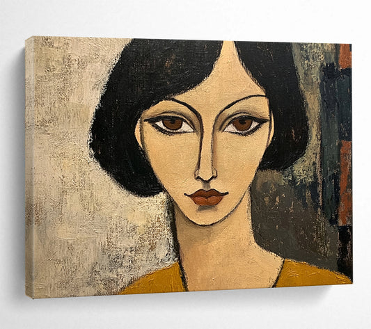 “Stylized Woman’s Portrait” - Black, Beige, Brown, Minimalist Female Face - Cubist - Inspired Acrylic Painting HB1699
