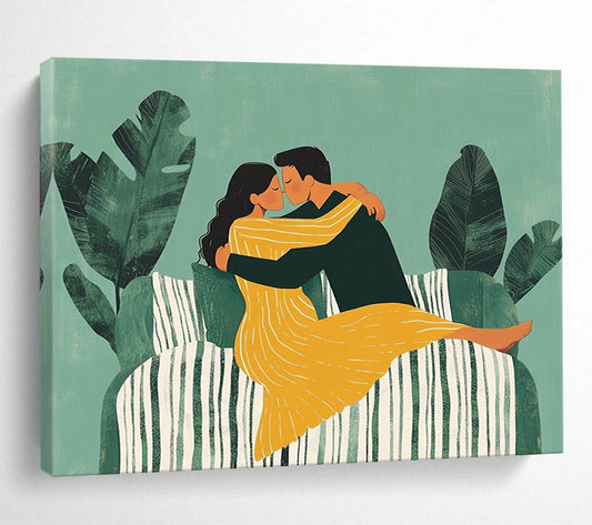 “Cozy Couples’ Embrace” - Greens, Yellows, Whites, Loving Illustration - Whimsical Wall Art HB1562
