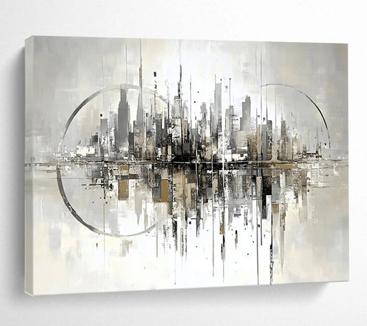 “Abstract Cityscape Reflection” - Gray, Beige, City, Reflection Painting On Canvas HB0765