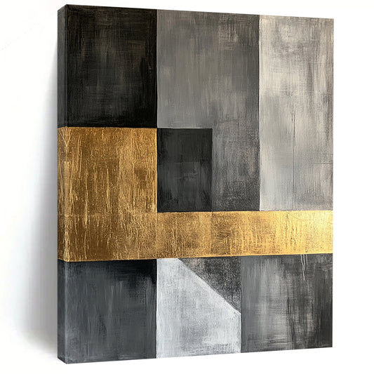 Gray, Black, Gold and White Geometric Fusion "Sophisticated Union" Painting On Canvas HB360